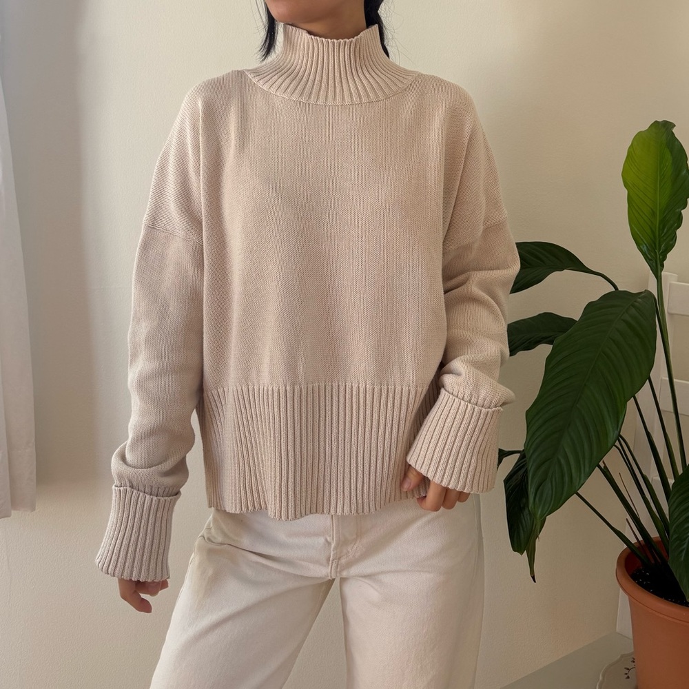 525 America 100% Cotton Ribbed High Neck Cream Knit Sweater Loose Fit Size S - Picture 5 of 9